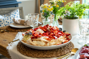 Recipe: Pavlova with Strawberry Rhubarb Elderflower Compote + Basil Whipped Cream